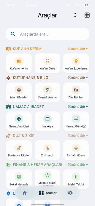 Araçlar menüsü — 40'tan fazla İslami araç